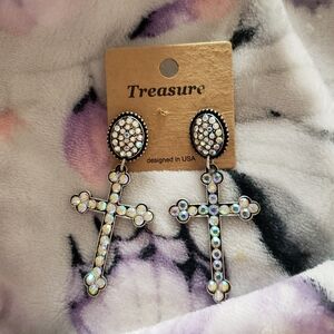 Silver Cross Earrings with Crystal Accents